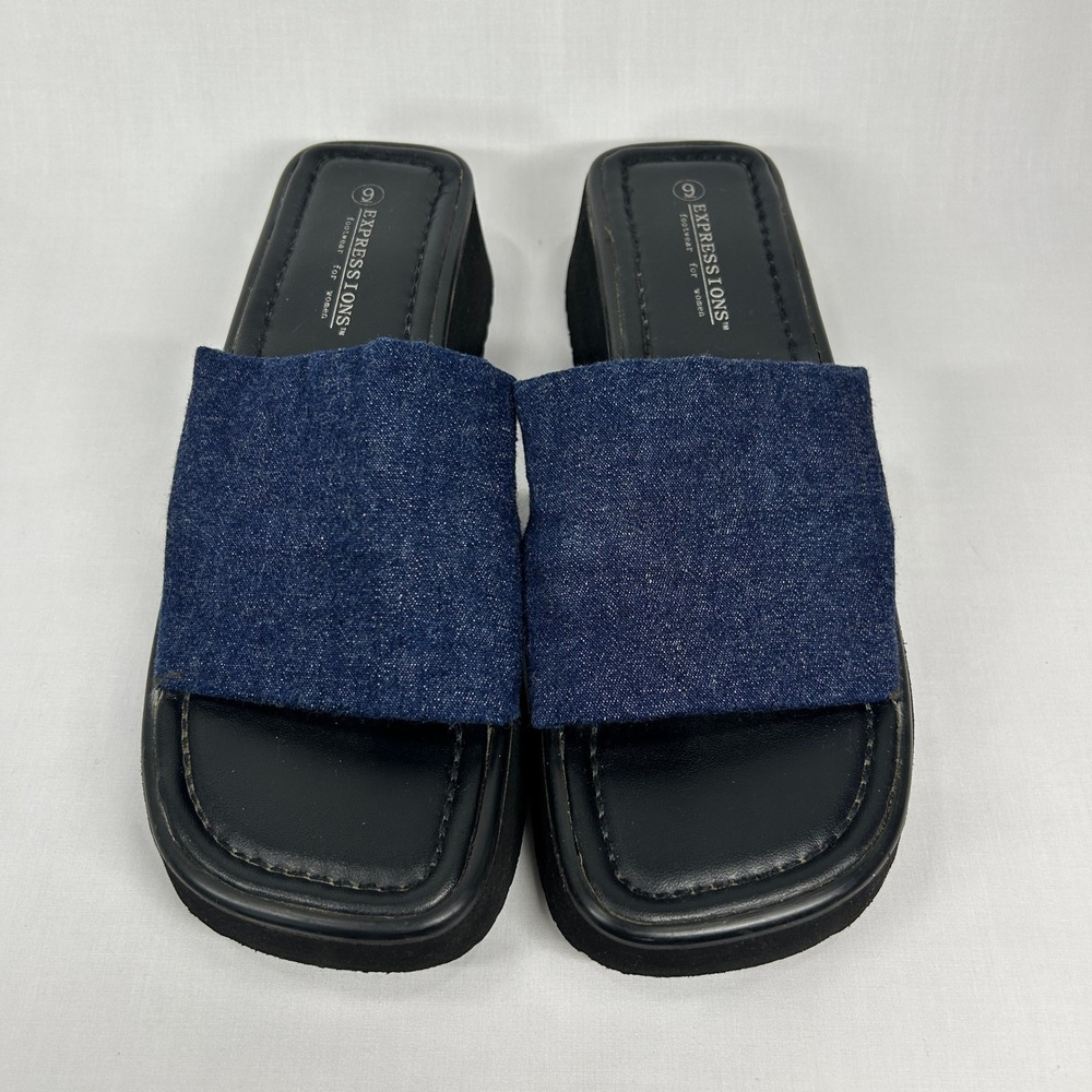 Vintage Expressions Denim Platform Slide Sandals – Y2K Dark Wash Wedge Mules (9)